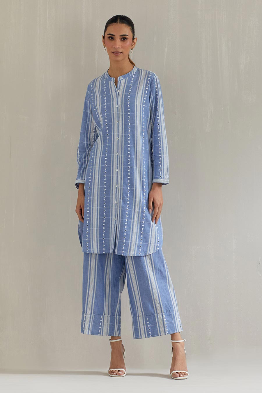 Blue Striped Cotton Eyelet Co-Ord Set