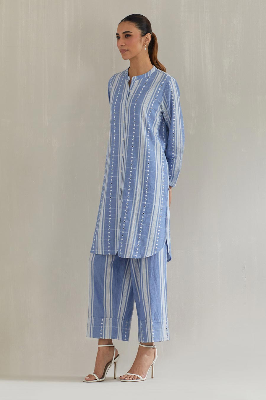 Blue Striped Cotton Eyelet Co-Ord Set