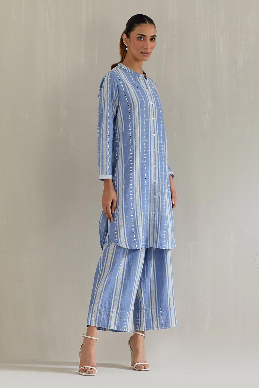 Blue Striped Cotton Eyelet Co-Ord Set