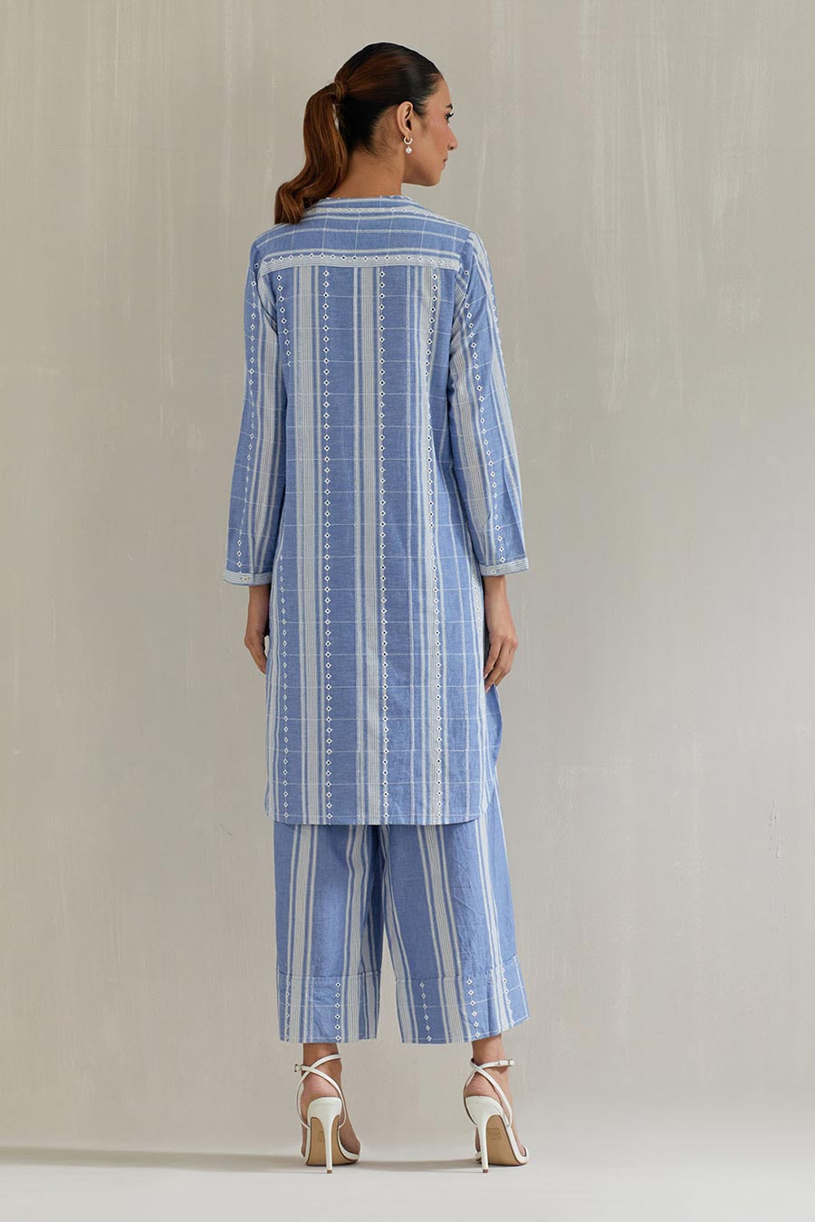 Blue Striped Cotton Eyelet Co-Ord Set