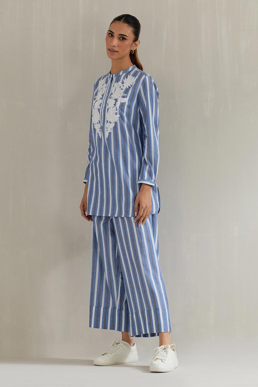 Blue Striped Cotton Embroidered Co-Ord Set