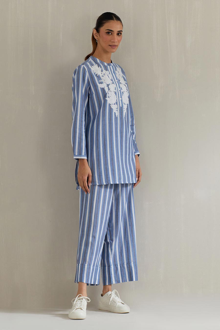 Blue Striped Cotton Embroidered Co-Ord Set