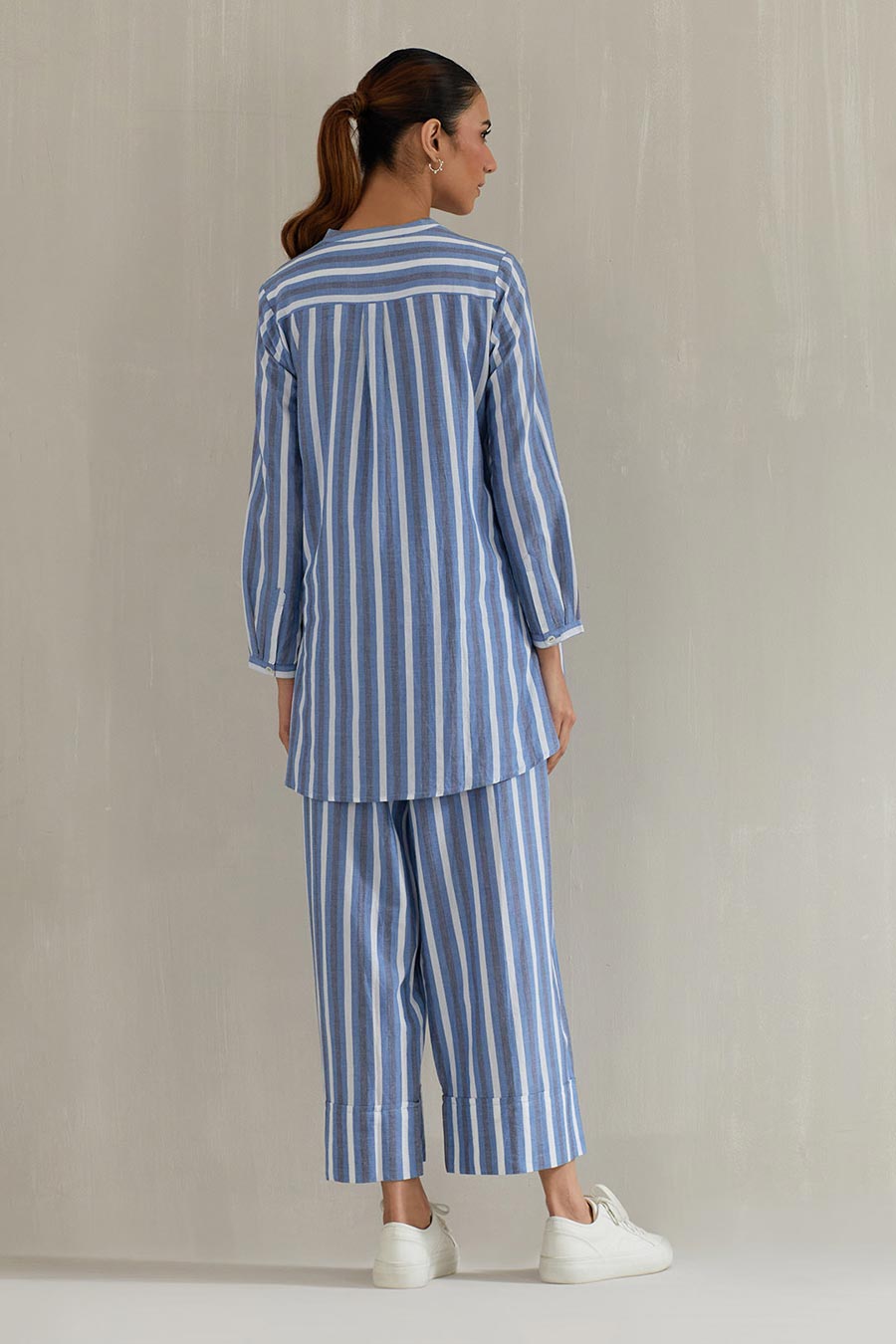 Blue Striped Cotton Embroidered Co-Ord Set