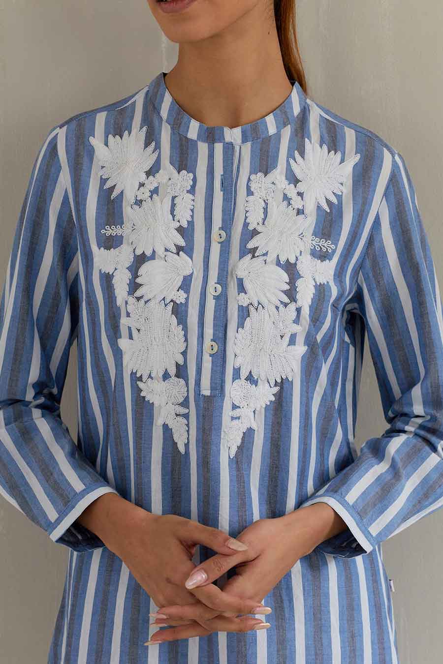 Blue Striped Cotton Embroidered Co-Ord Set