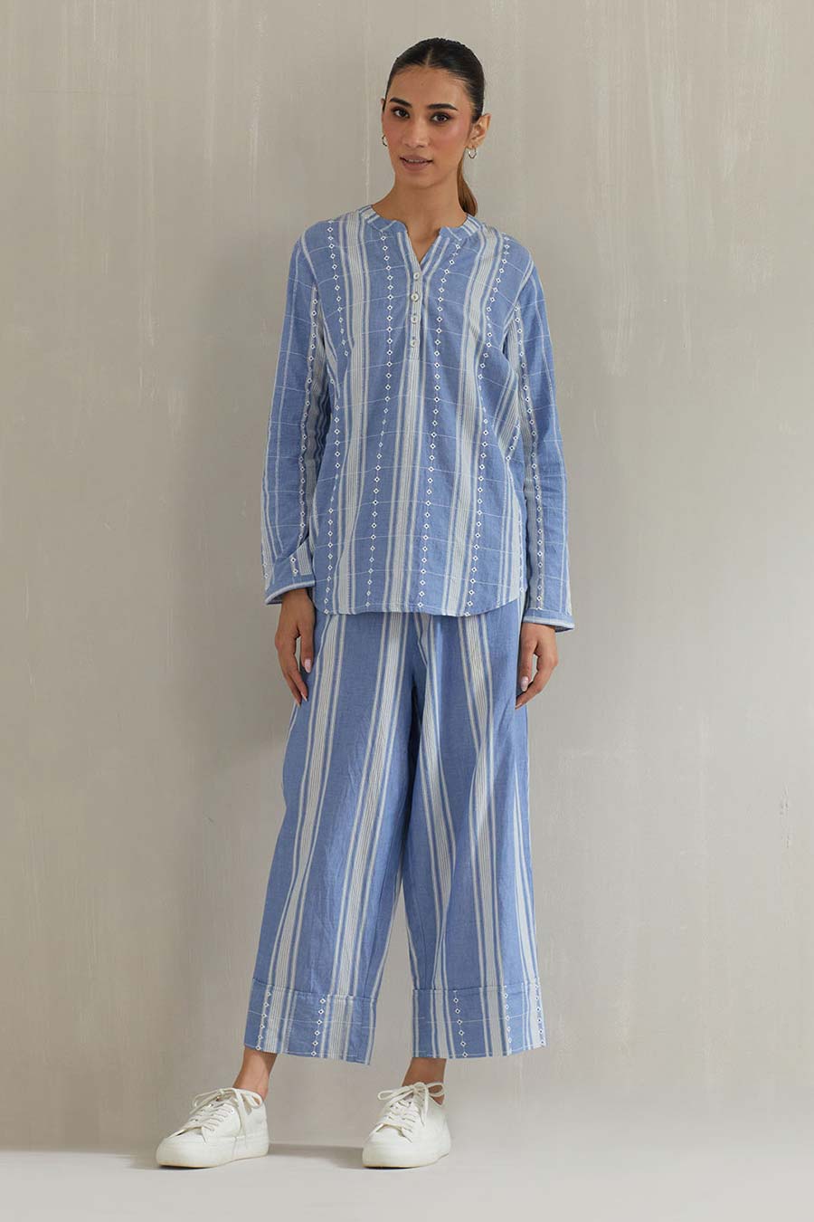 Blue Striped Cotton Eyelet Co-Ord Set