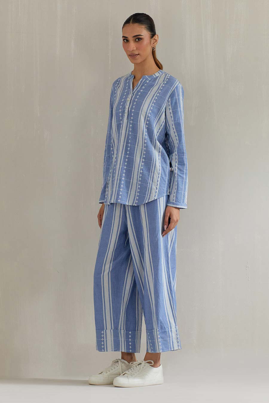 Blue Striped Cotton Eyelet Co-Ord Set