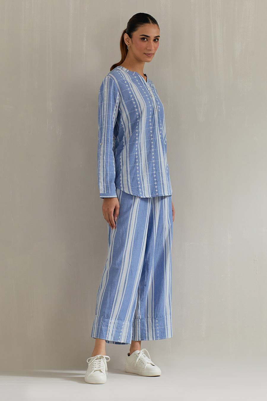 Blue Striped Cotton Eyelet Co-Ord Set