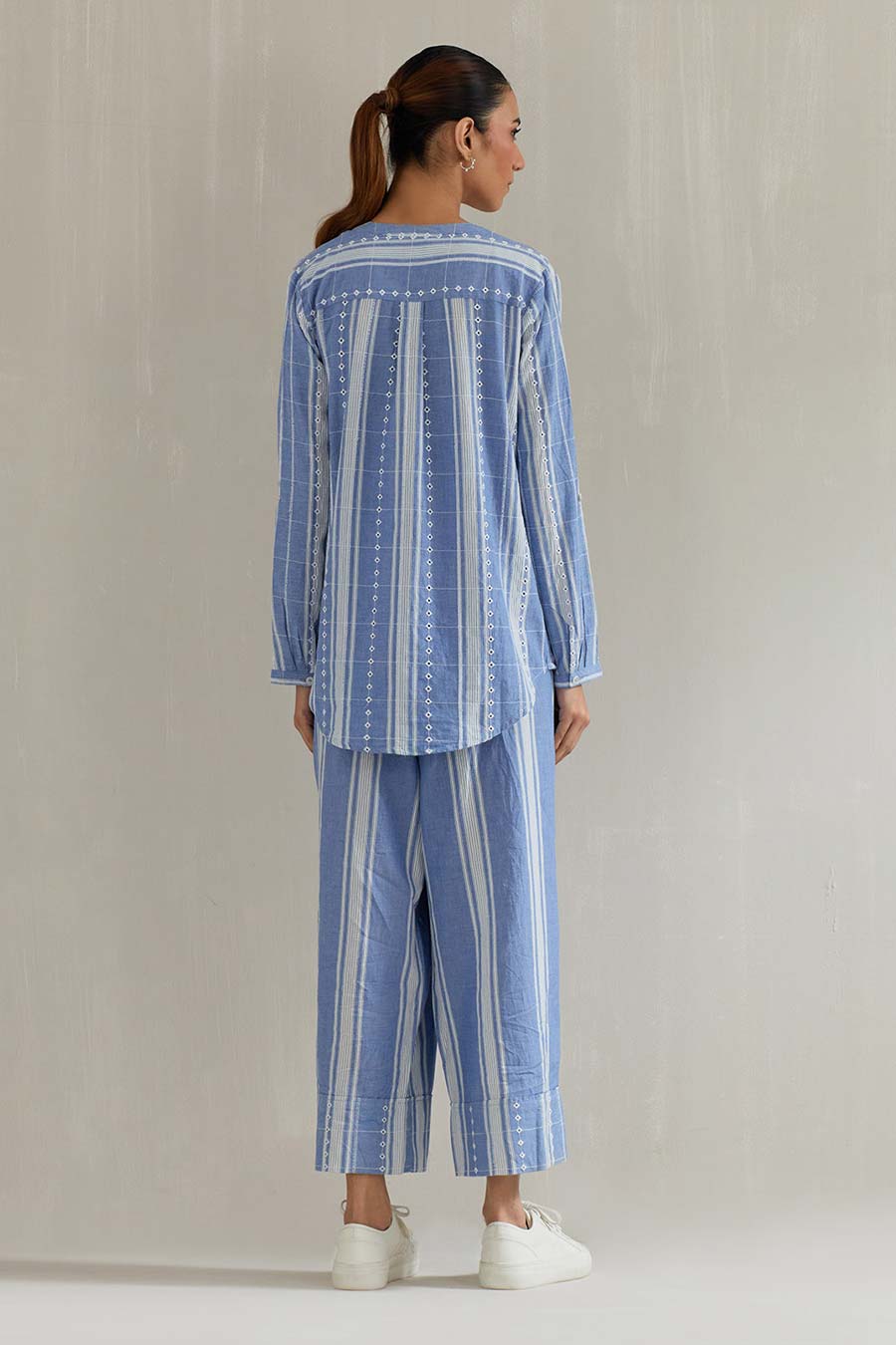 Blue Striped Cotton Eyelet Co-Ord Set