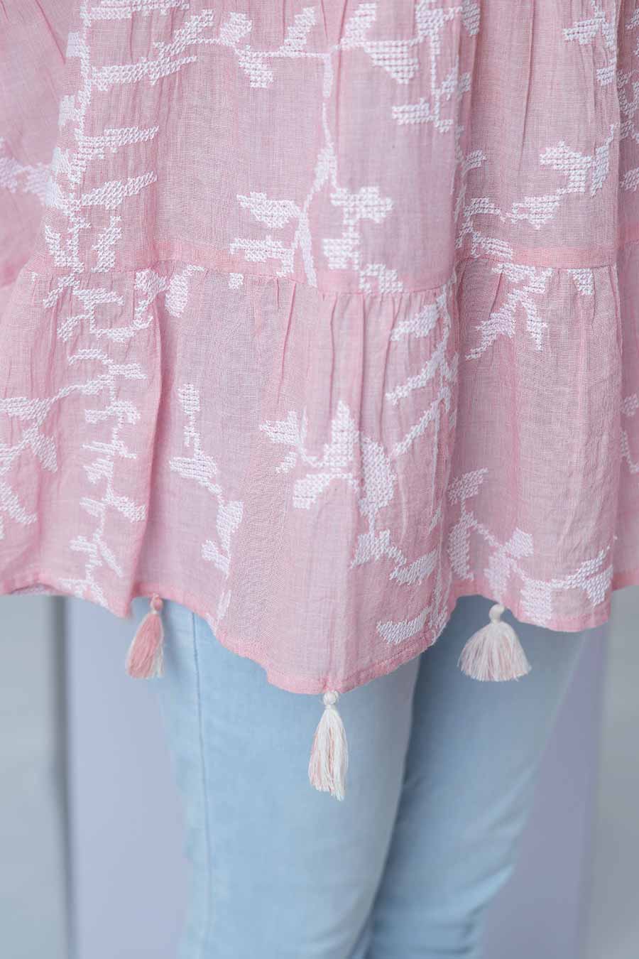 Pink Embroidered Tiered Top