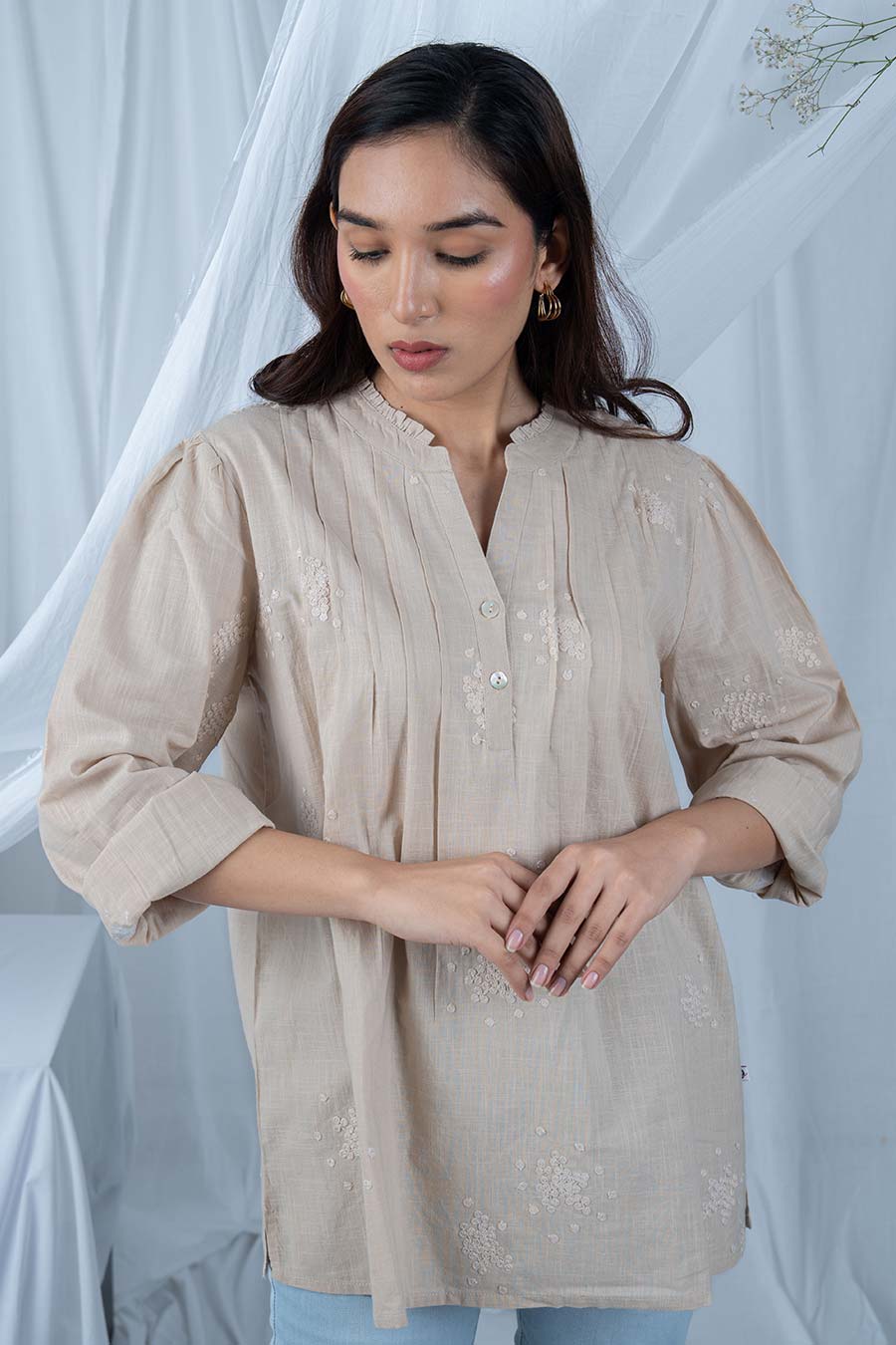 Beige Embroidered Pintuck Top