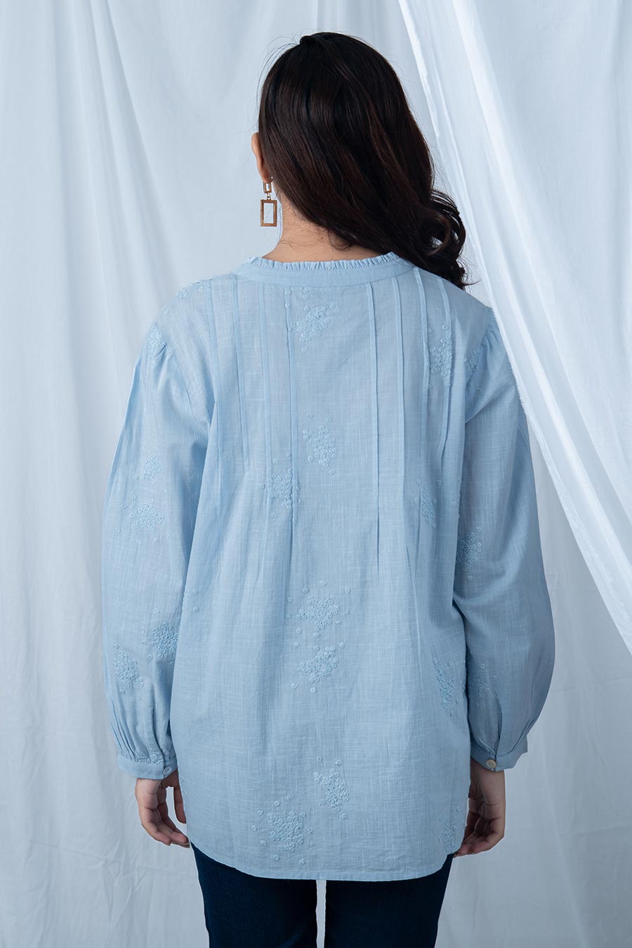 Blue Embroidered Pintuck Top