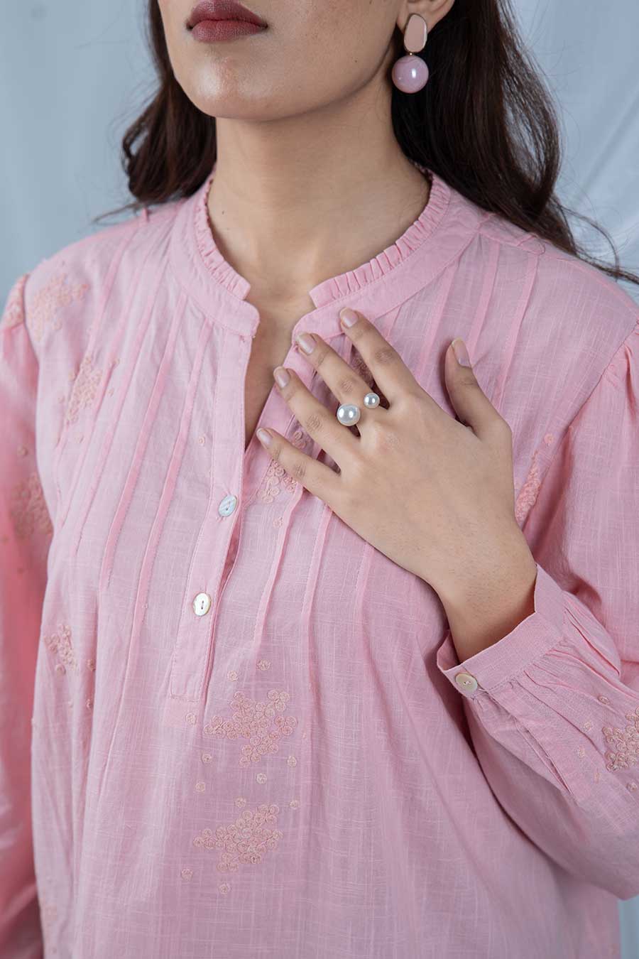 Pink Embroidered Pintuck Top