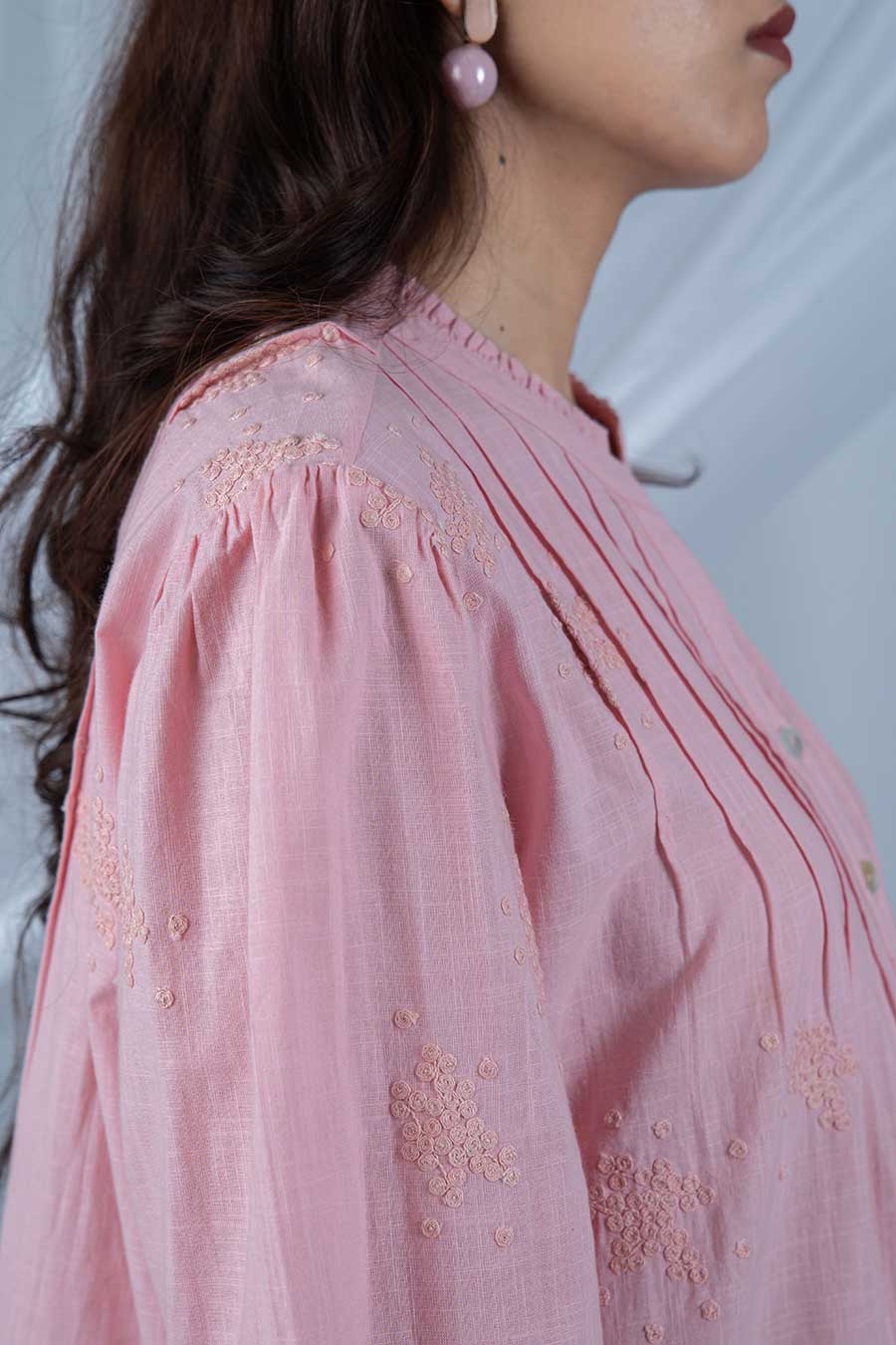 Pink Embroidered Pintuck Top