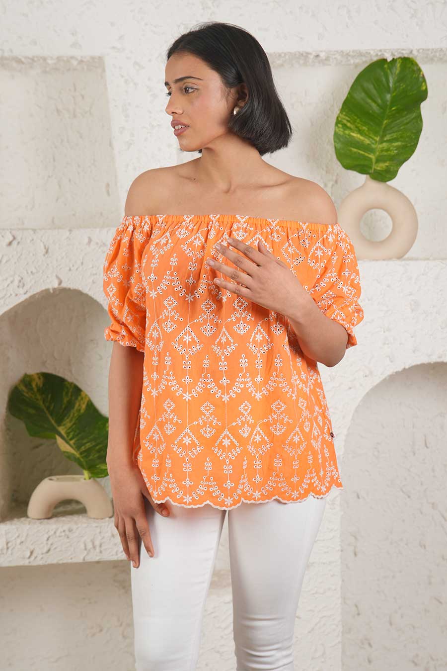 Orange Off-Shoulder Embroidered Top