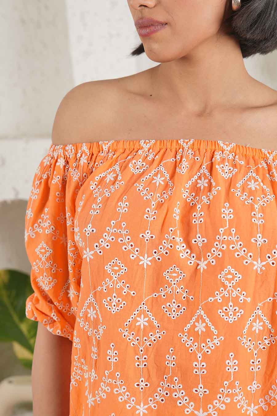 Orange Off-Shoulder Embroidered Top