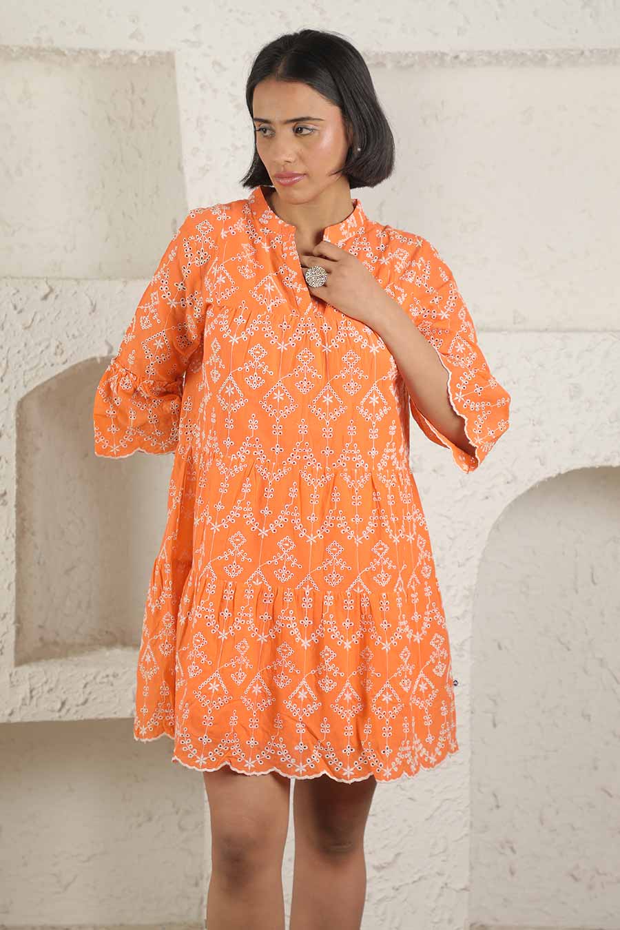 Orange Embroidered Short Dress