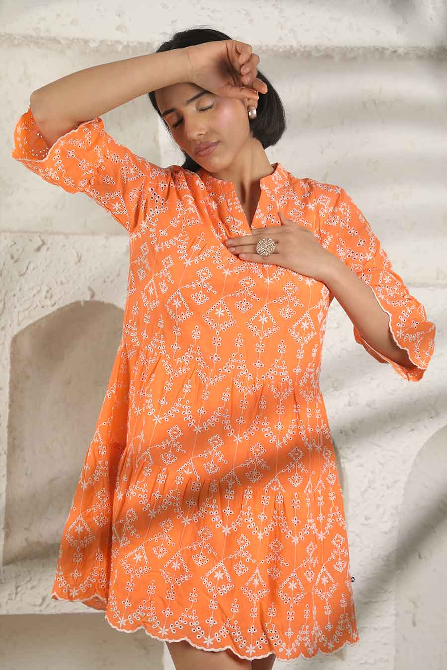 Orange Embroidered Short Dress