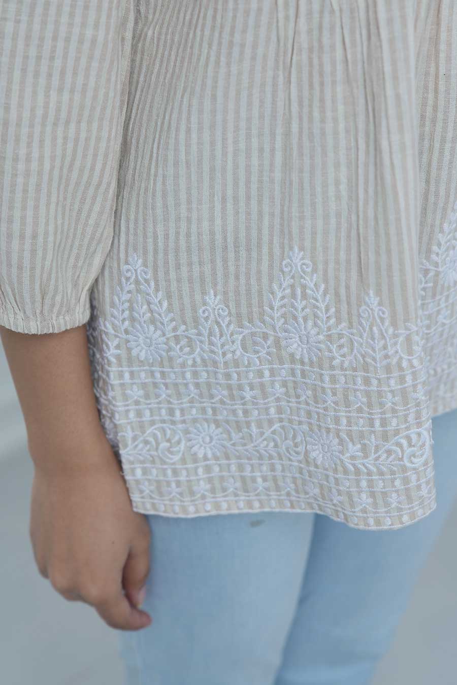 Beige Embroidered Striped Top