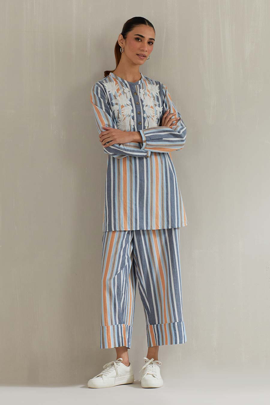 Multicolour Striped Cotton Embroidered Co-Ord Set