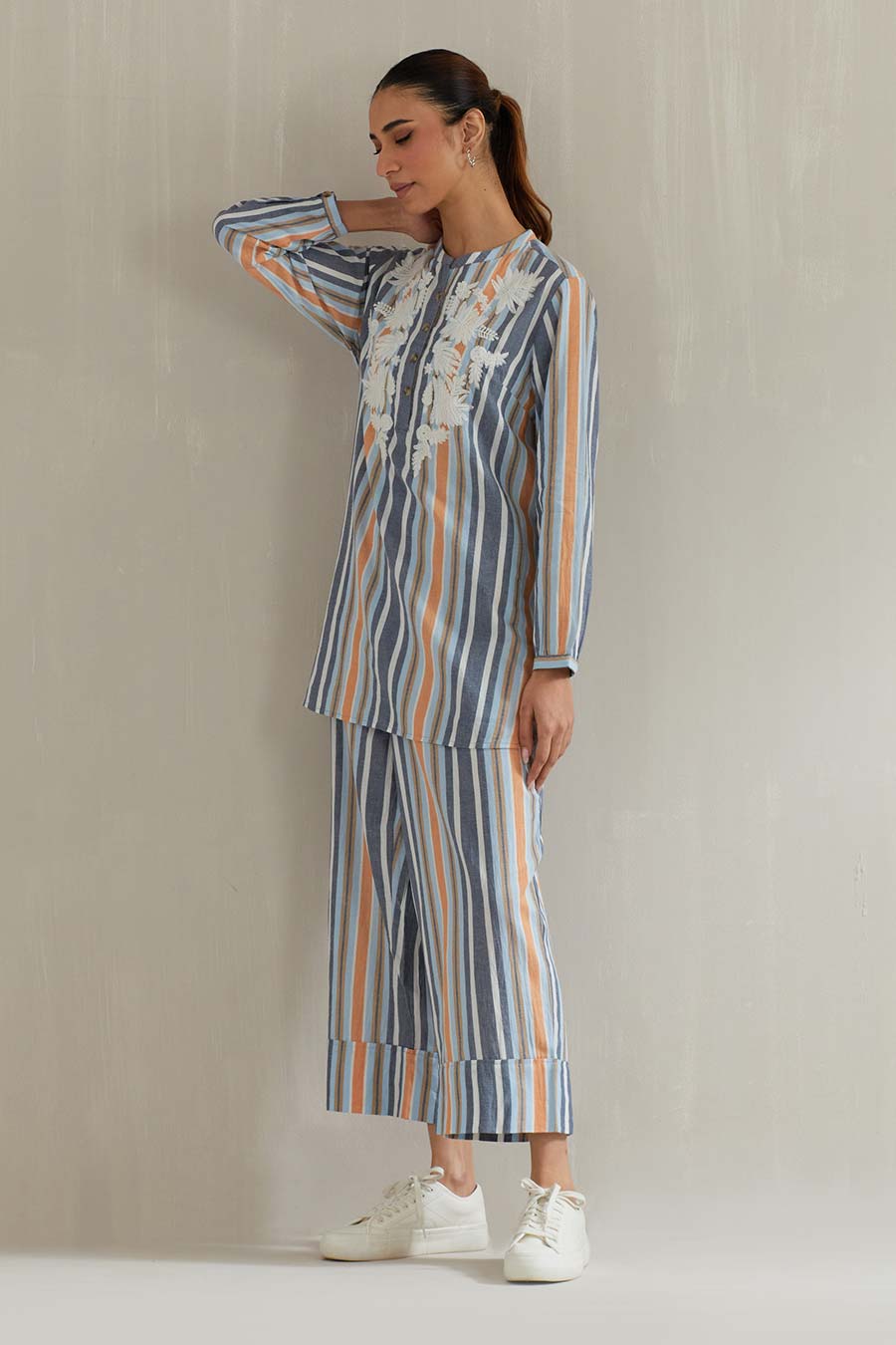 Multicolour Striped Cotton Embroidered Co-Ord Set