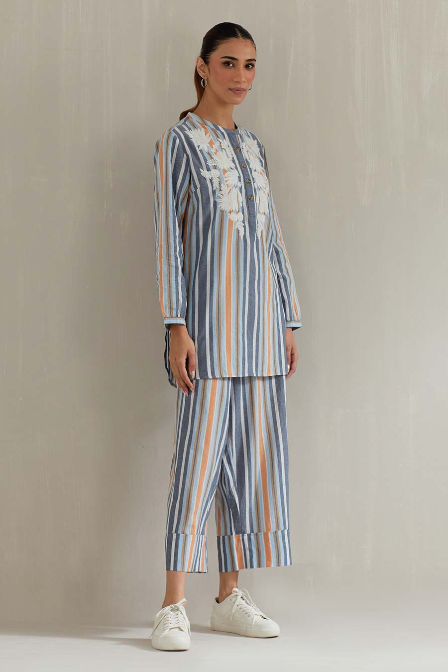 Multicolour Striped Cotton Embroidered Co-Ord Set