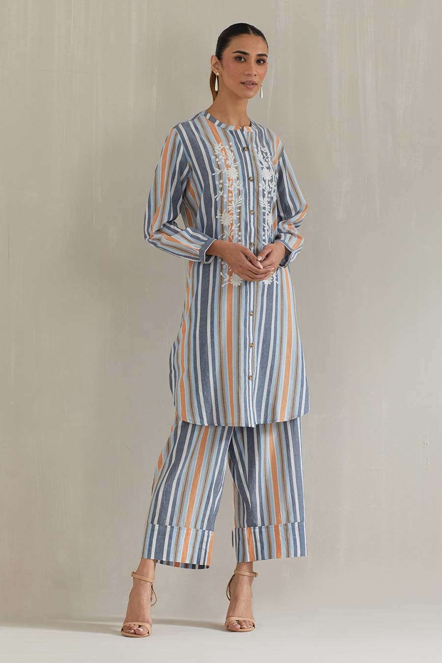 Blue Striped Cotton Embroidered Co-Ord Set
