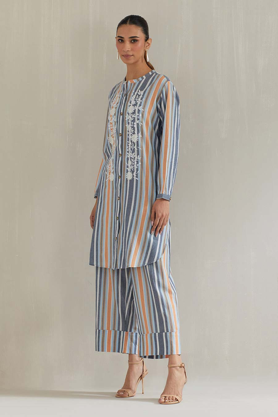 Blue Striped Cotton Embroidered Co-Ord Set