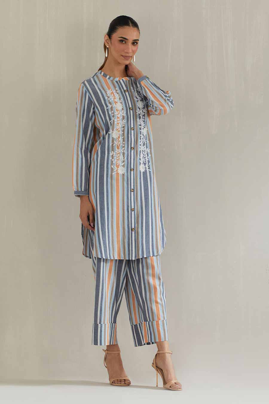 Blue Striped Cotton Embroidered Co-Ord Set