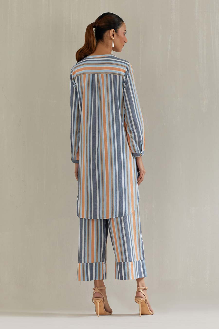 Blue Striped Cotton Embroidered Co-Ord Set