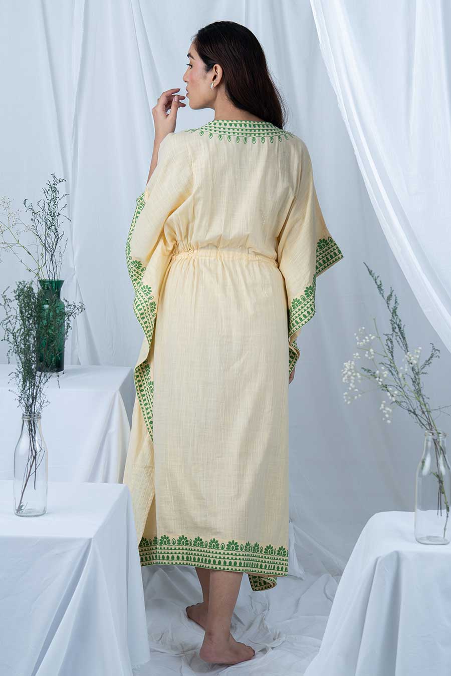 Yellow Embroidered Long Kaftan