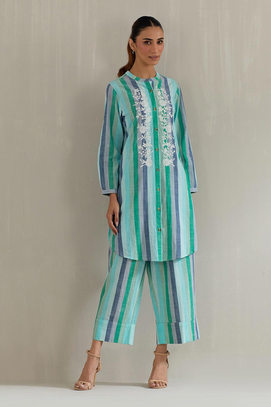 Green Striped Cotton Embroidered Co-Ord Set