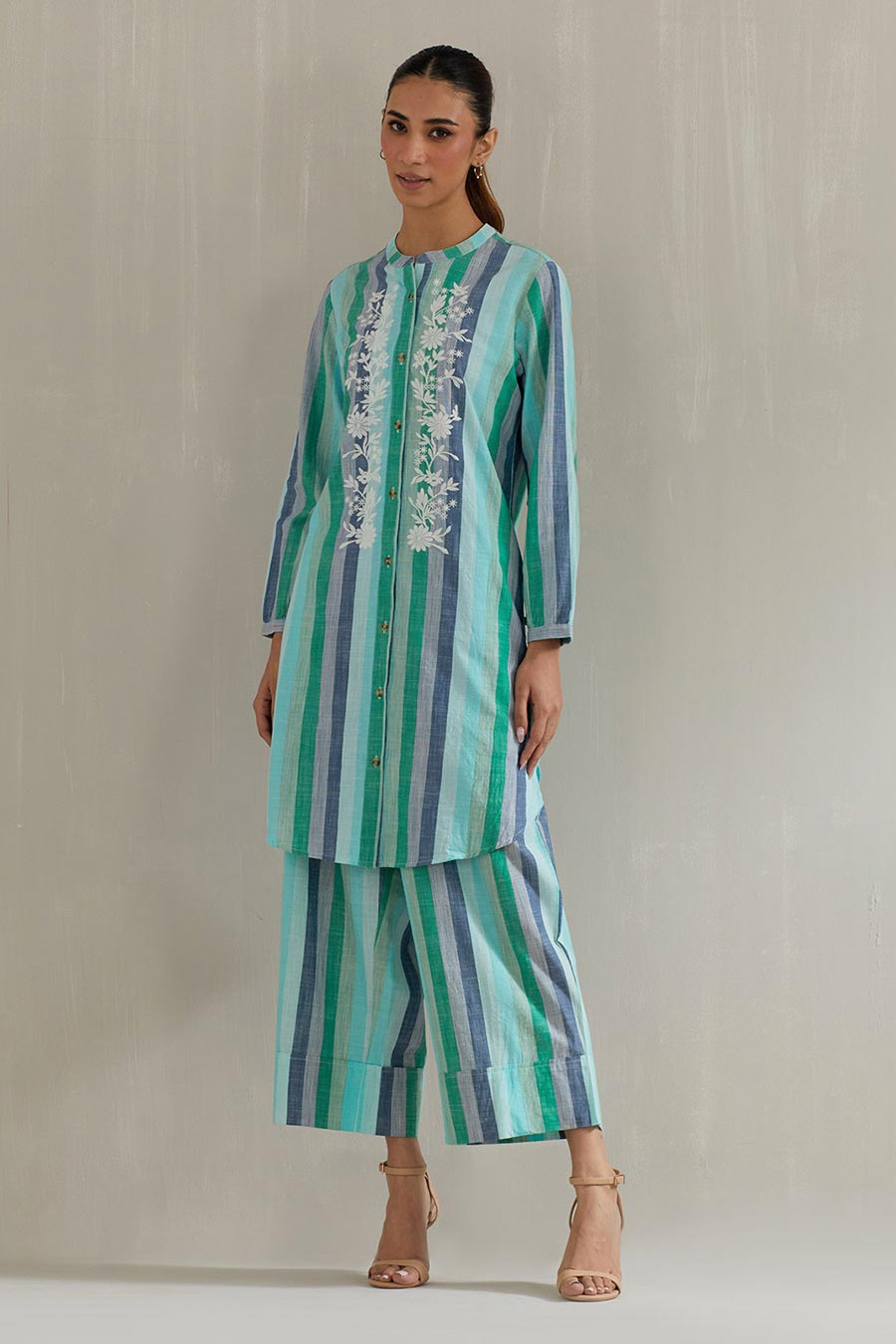 Green Striped Cotton Embroidered Co-Ord Set