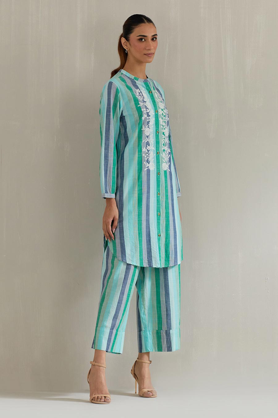 Green Striped Cotton Embroidered Co-Ord Set