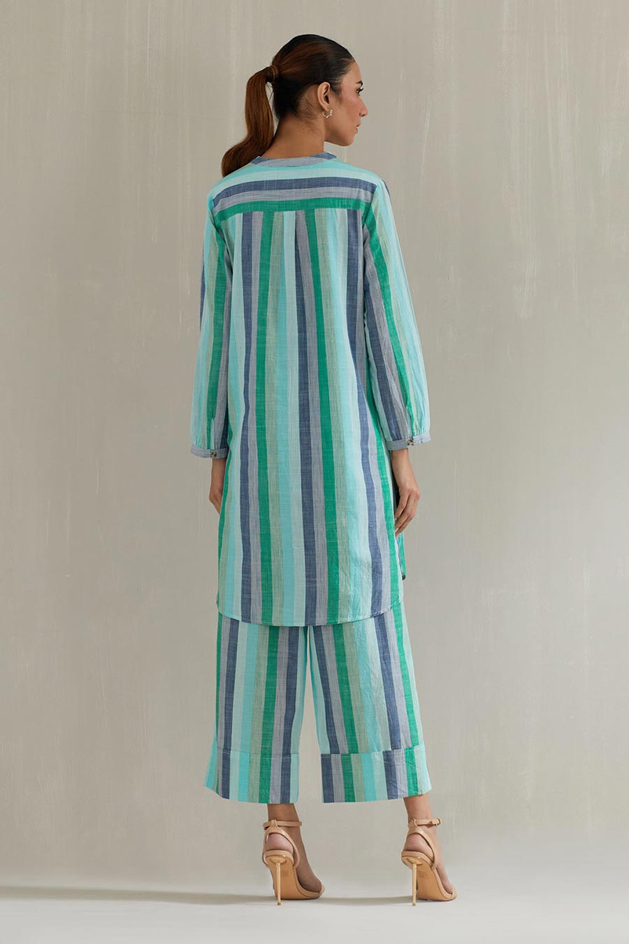 Green Striped Cotton Embroidered Co-Ord Set