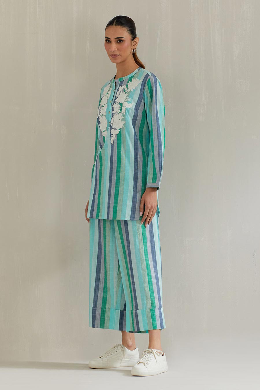 Green Striped Cotton Embroidered Co-Ord Set