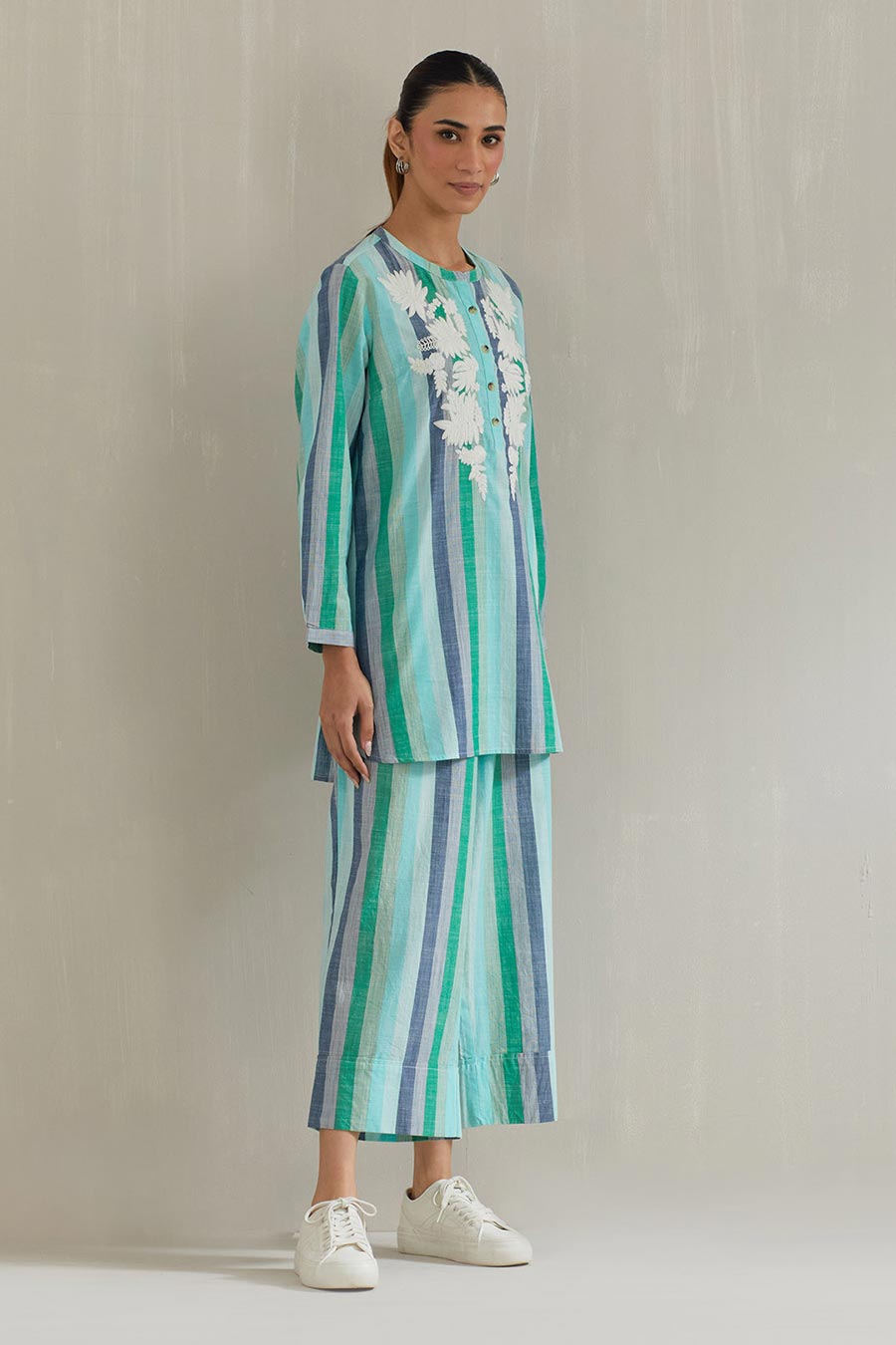 Green Striped Cotton Embroidered Co-Ord Set