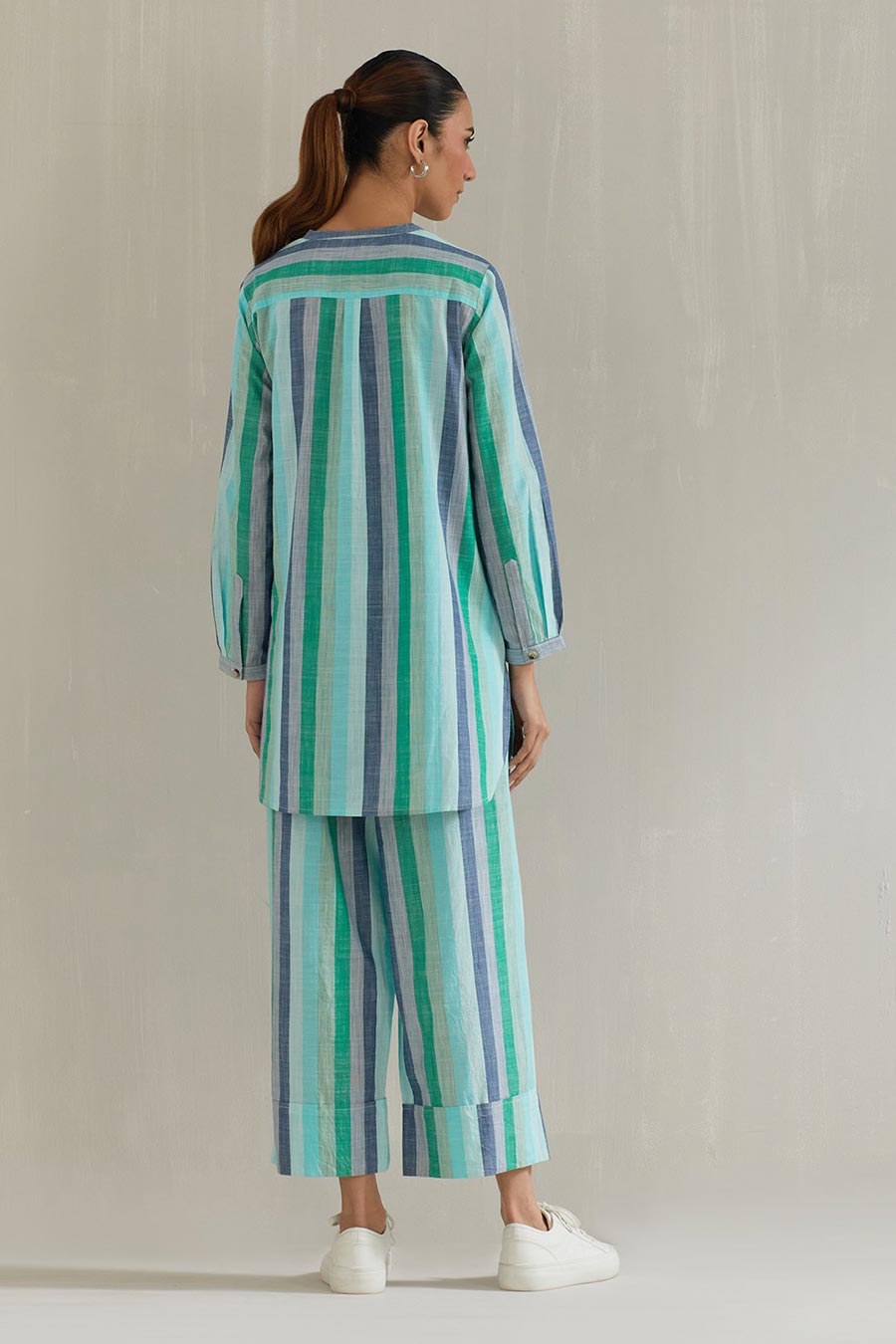 Green Striped Cotton Embroidered Co-Ord Set