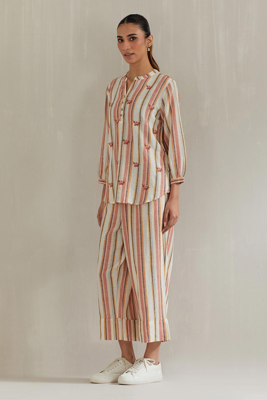 Multicolour Striped Cotton Embroidered Co-Ord Set