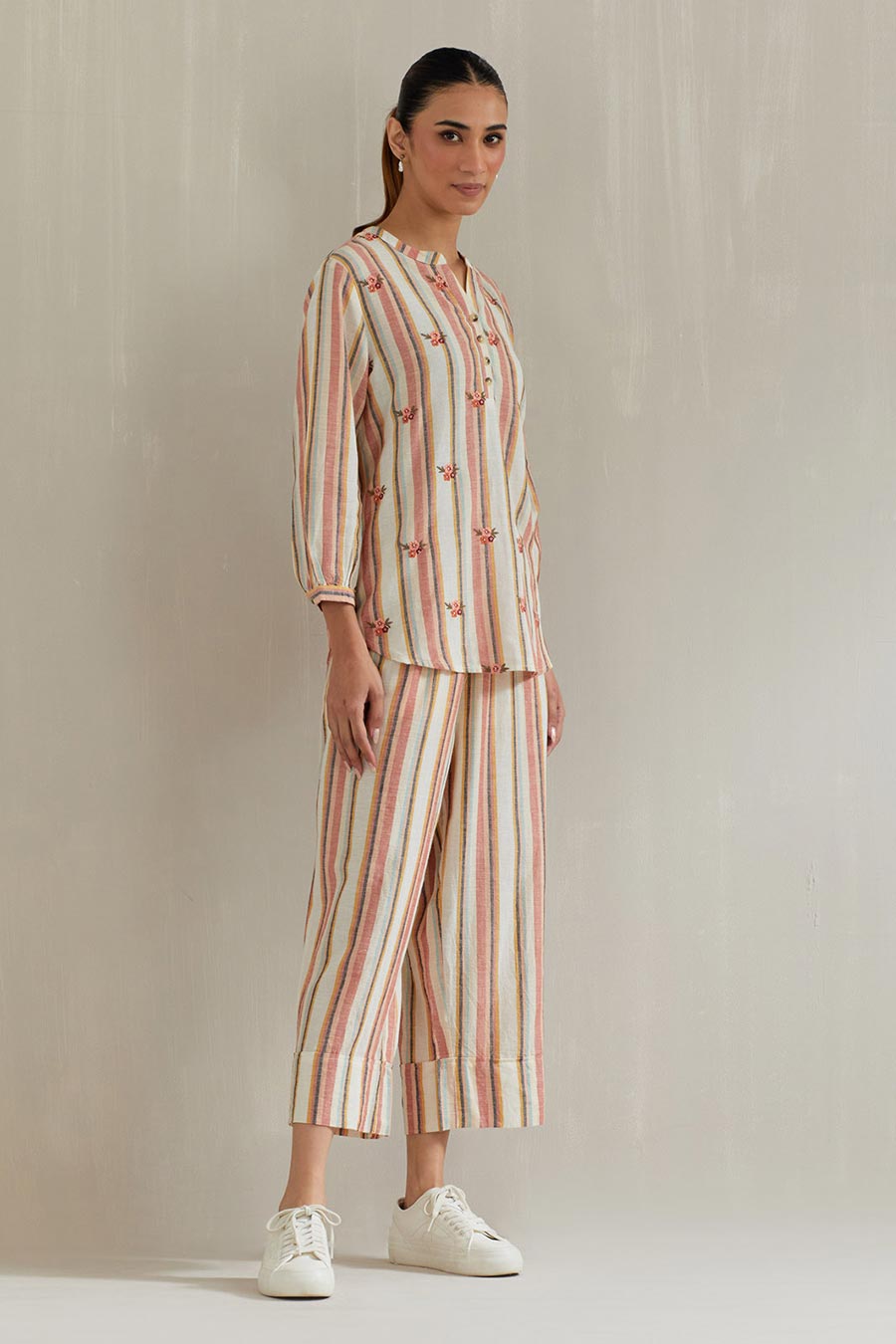 Multicolour Striped Cotton Embroidered Co-Ord Set