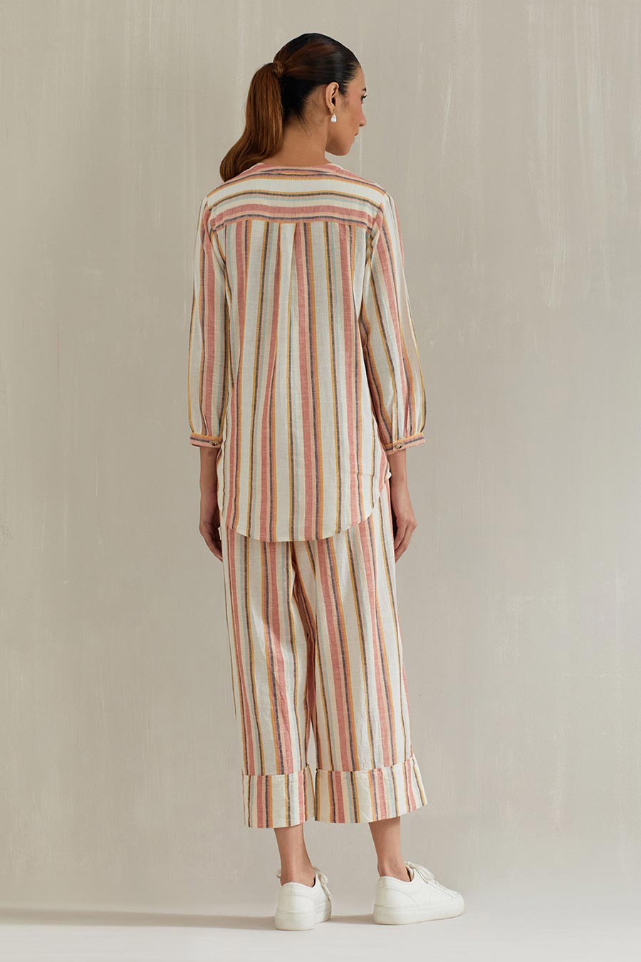 Multicolour Striped Cotton Embroidered Co-Ord Set