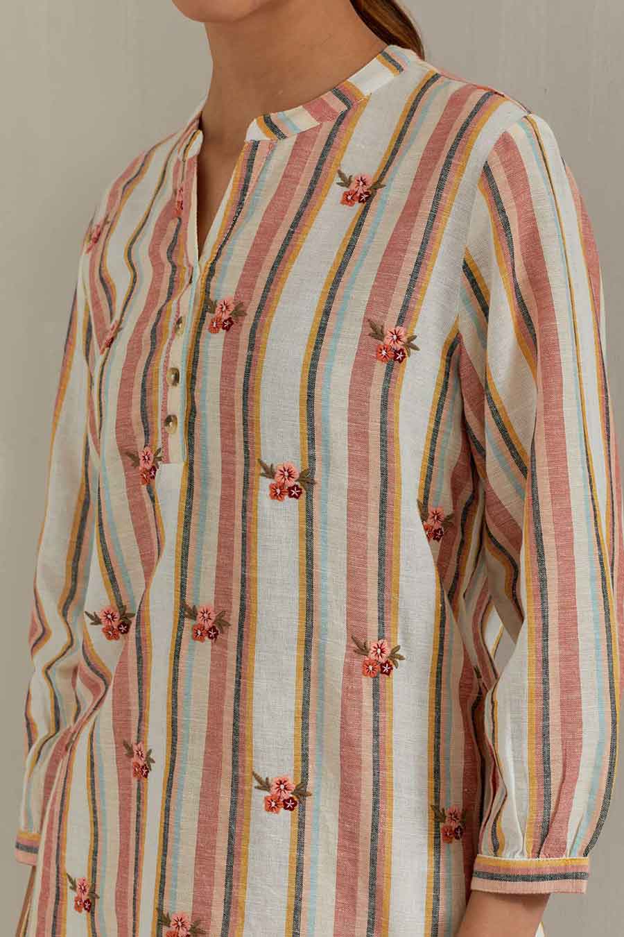 Multicolour Striped Cotton Embroidered Co-Ord Set