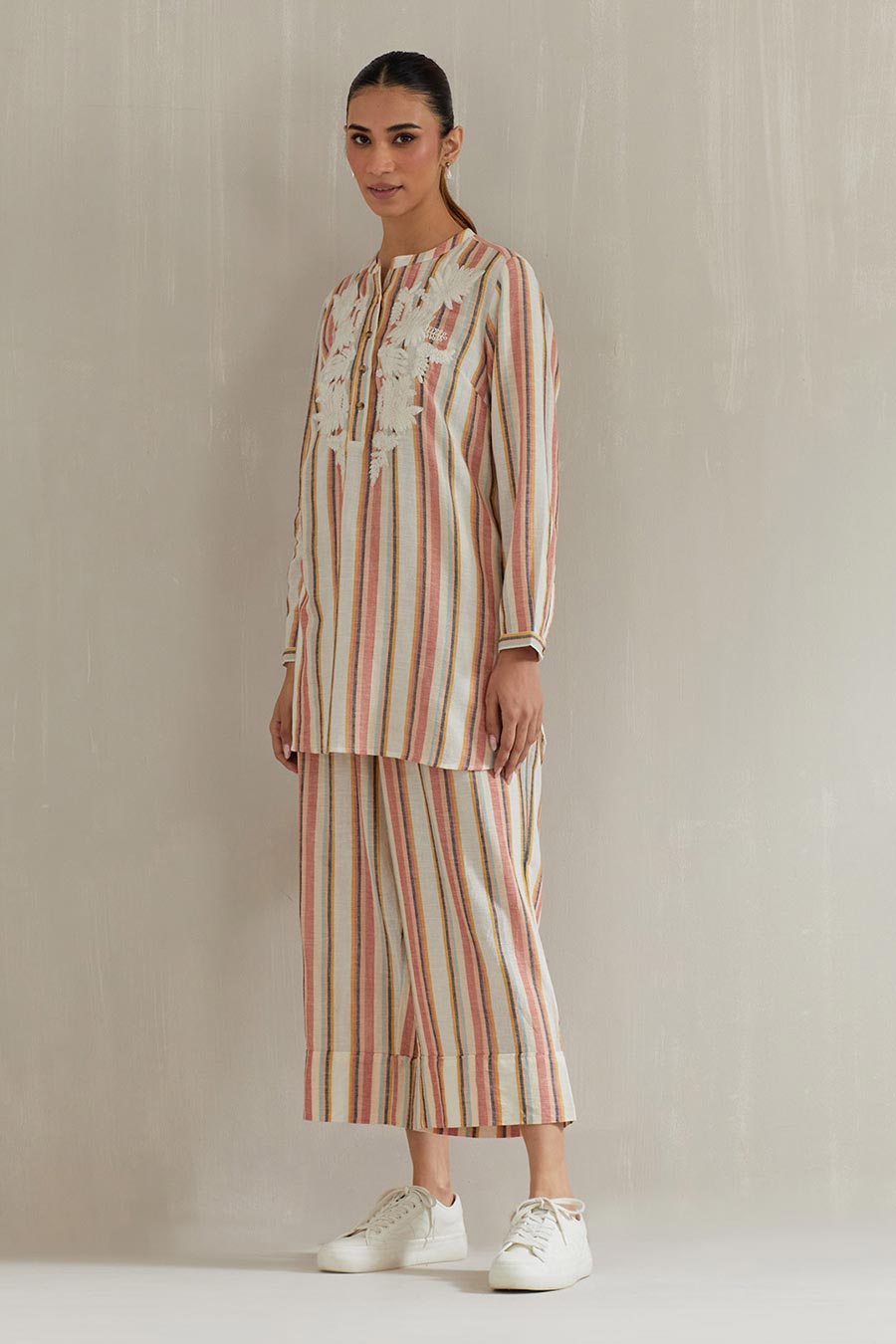 Multicolour Striped Cotton Embroidered Co-Ord Set