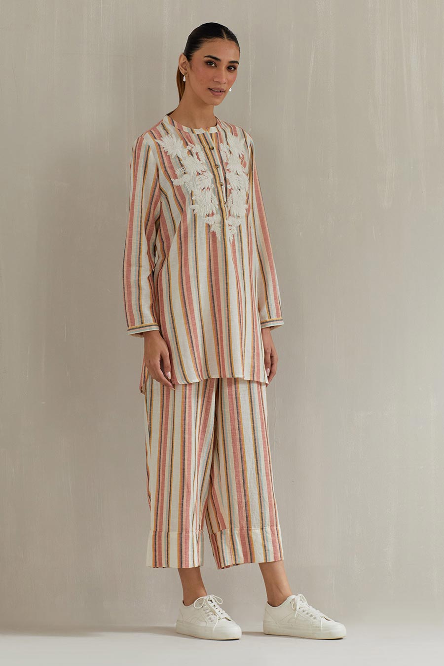 Multicolour Striped Cotton Embroidered Co-Ord Set