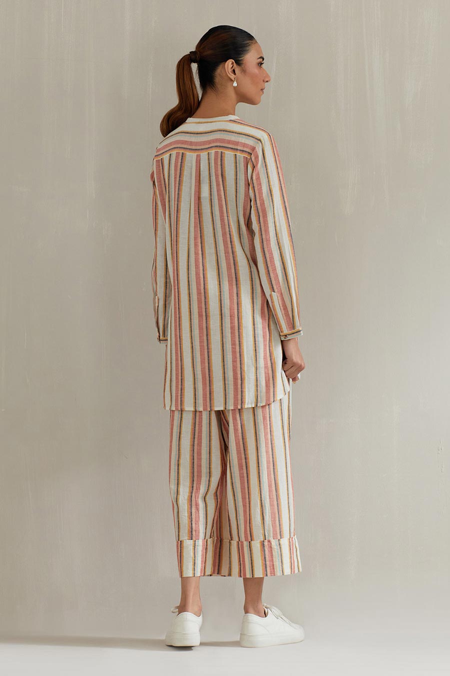 Multicolour Striped Cotton Embroidered Co-Ord Set