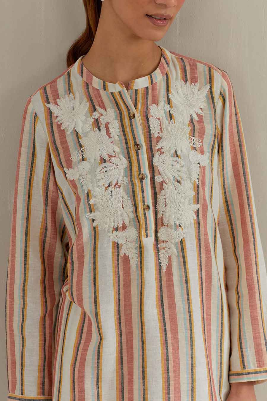Multicolour Striped Cotton Embroidered Co-Ord Set