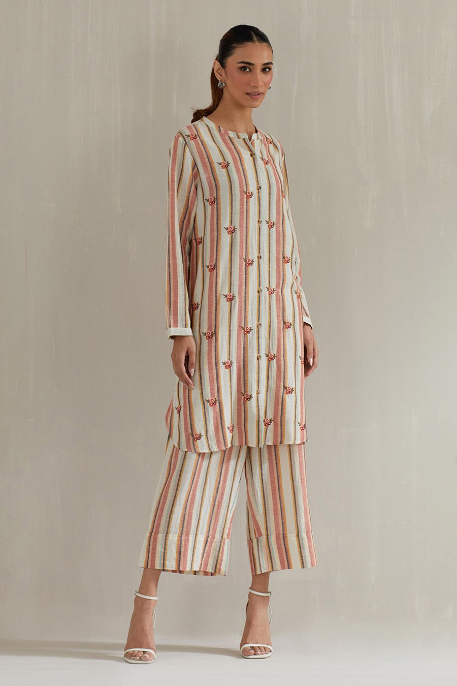 Multicolour Striped Cotton Embroidered Co-Ord Set