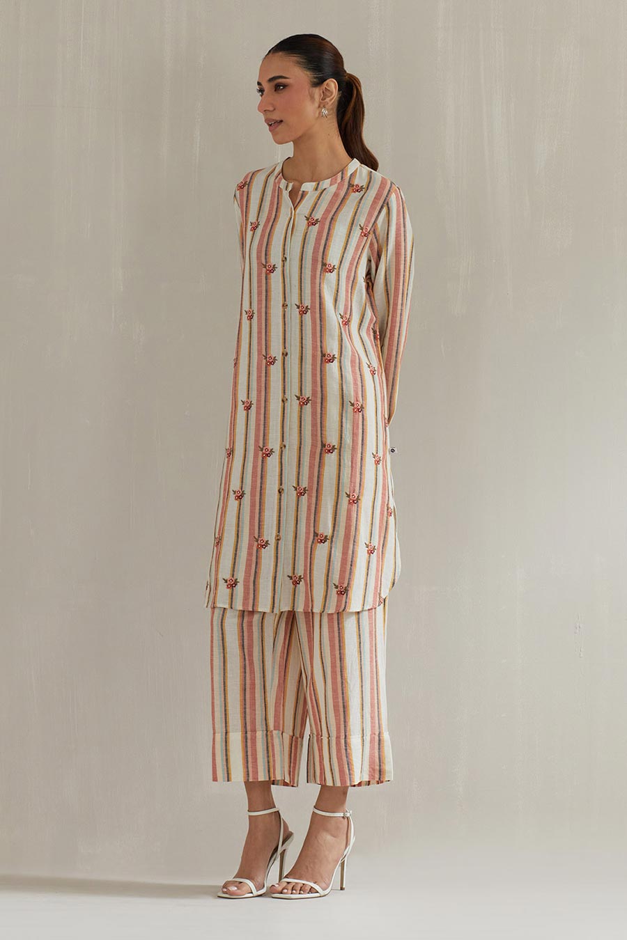 Multicolour Striped Cotton Embroidered Co-Ord Set