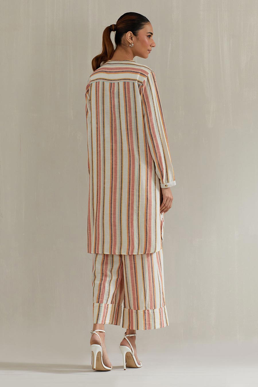 Multicolour Striped Cotton Embroidered Co-Ord Set