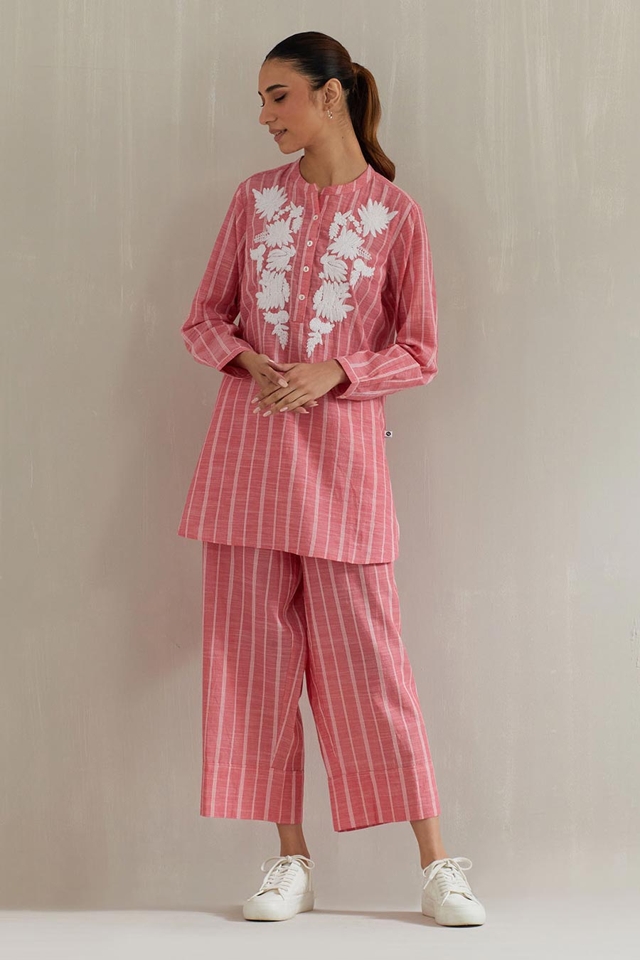 Pink Stripe Floral Embroidered Co-Ord Set