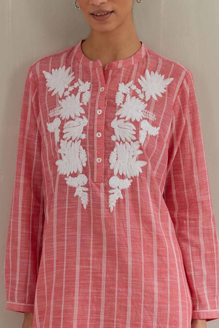 Pink Stripe Floral Embroidered Co-Ord Set